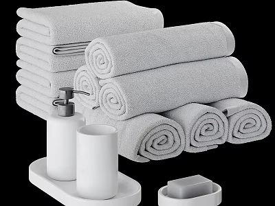 White Bathroom Accessories Set With Towels Soap Dispenser And Dish 3d model