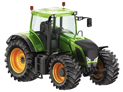 Green Agricultural Tractor With Large Tires Orange Rims Red Warning Lights And Modern Cab 3d model