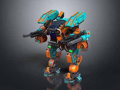 Game Movie Character Orange And Teal Mech Robot With Dual Weapons And Mechanical Structure 3d model