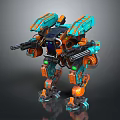Game Movie Character Orange And Teal Mech Robot With Dual Weapons And Mechanical Structure