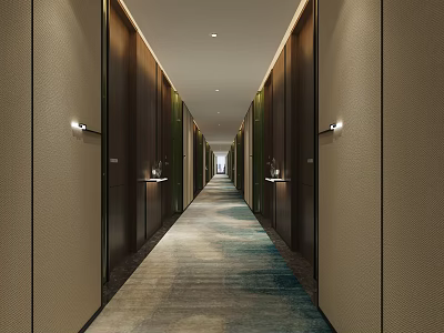 Modern Hotel Corridor Interior With Sleek Guest Room Doors And Blue Green Carpet 3d model
