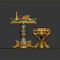Ornate Decorative Furniture Piece With Gold Accents Purple Center And Colorful Mat
