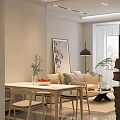 Modern Minimalist Open Living And Dining Room With Warm Ambient Lighting And Natural Wood Furniture