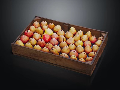 Fresh Yellow and Red Pears Filled in Wooden Tray on Black Background 3d model