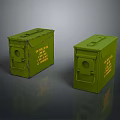 Green Military Storage Crates With Yellow Text Labels And Worn Surface Design