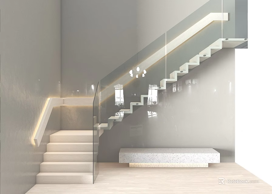 Modern Minimalist Staircase Interior With Glass Railing White Steps And Lighting Design 3d model 