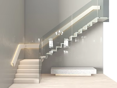 Modern Minimalist Staircase Interior With Glass Railing White Steps And Lighting Design 3d model