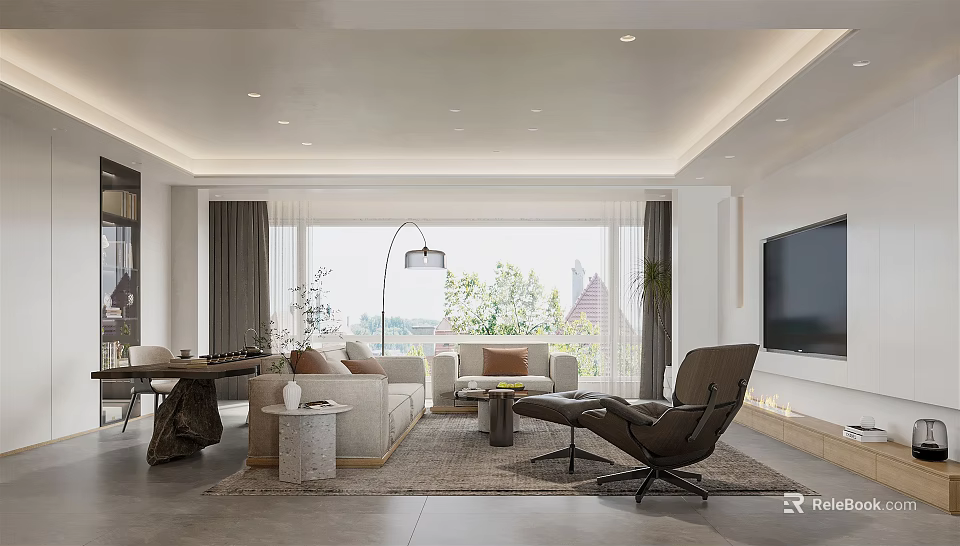 Modern Living and Dining Room Interior with Sofa Armchair Dining Table TV and Floor Lamp 3d model 