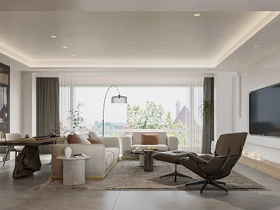 Modern Living and Dining Room Interior with Sofa Armchair Dining Table TV and Floor Lamp 3d model