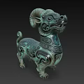 Ancient Style Mythical Beast Landscape Sculpture With Spiral Patterns And Green Patina