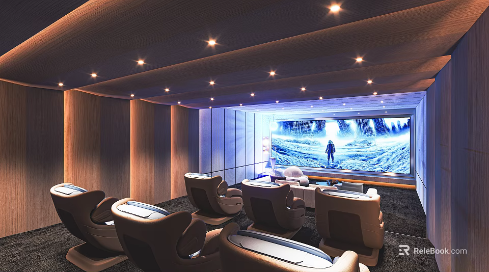 Home Theater Interior With Large Screen And Reclining Seats 3d model