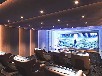 Home Theater Interior With Large Screen And Reclining Seats 3d model