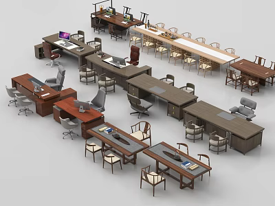 Various Office Desks In Different Styles With Chairs And Meeting Tables 3d model