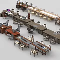 Various Office Desks In Different Styles With Chairs And Meeting Tables
