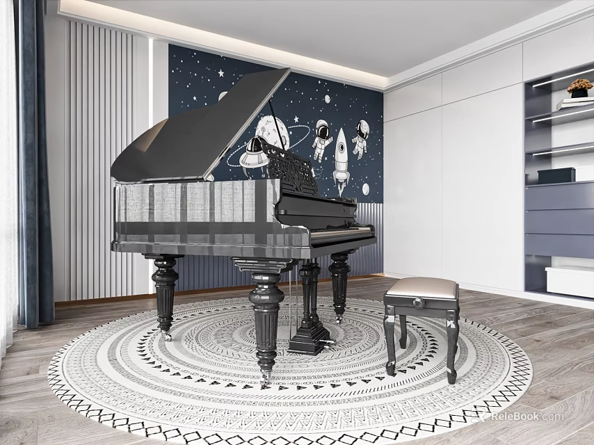 Modern Piano Room With Grand Piano Stool Circular Rug And Starry Wall 3d model 