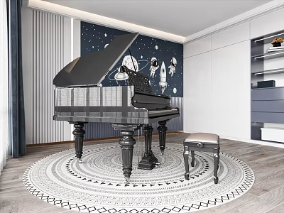 Modern Piano Room With Grand Piano Stool Circular Rug And Starry Wall 3d model