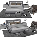 Cozy Grey Double Bed With Soft Bedding Pillows Bedside Tables Stool Rug And Chair