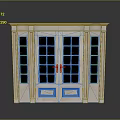 Elegant Double Door Entrance With Glass Panes Golden Handles And Light Colored Frame