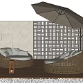 Outdoor Wicker Sofa with Curved Design Green Plants Umbrella and Cushions on Wooden Patio