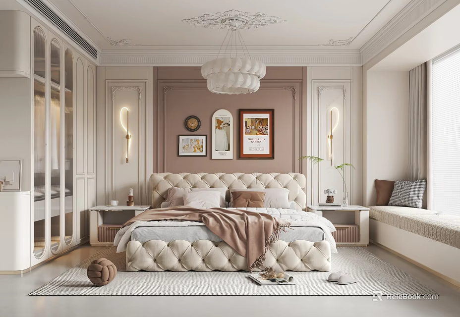 Modern Elegant Bedroom With Tufted Bed Framed Artworks Mirror Chandelier Paneled Walls And Rug 3d model 