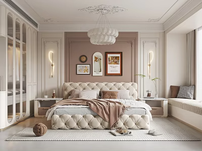 Modern Elegant Bedroom With Tufted Bed Framed Artworks Mirror Chandelier Paneled Walls And Rug 3d model