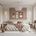 Modern Elegant Bedroom With Tufted Bed Framed Artworks Mirror Chandelier Paneled Walls And Rug