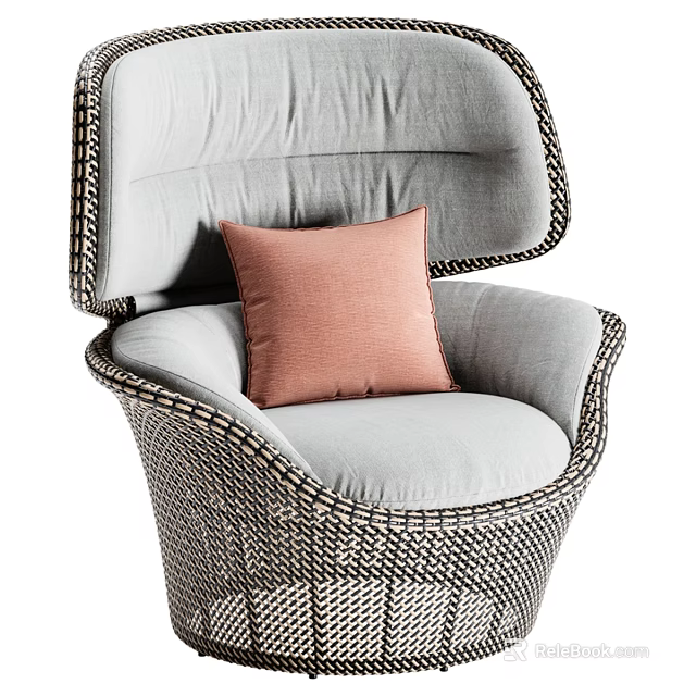 Modern Wicker Leisure Chair with Light Gray Cushion and Pink Pillow 3d model 