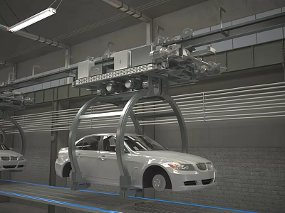 Automated Parking System With Mechanical Lifts Holding White Cars In Garage Facility 3d model