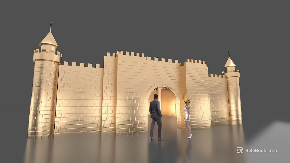 Ancient Architecture with Golden Brick Walls Towers and Arched Gate Entrance with Two People Standing 3d model 