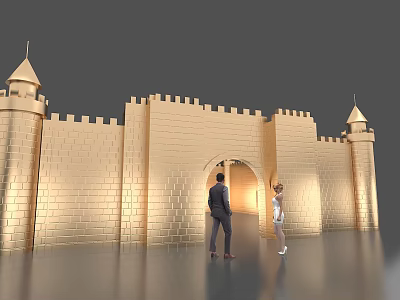 Ancient Architecture with Golden Brick Walls Towers and Arched Gate Entrance with Two People Standing 3d model