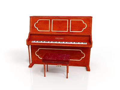 Classic Red Upright Piano Furniture With Carved Details And Stool 3d model