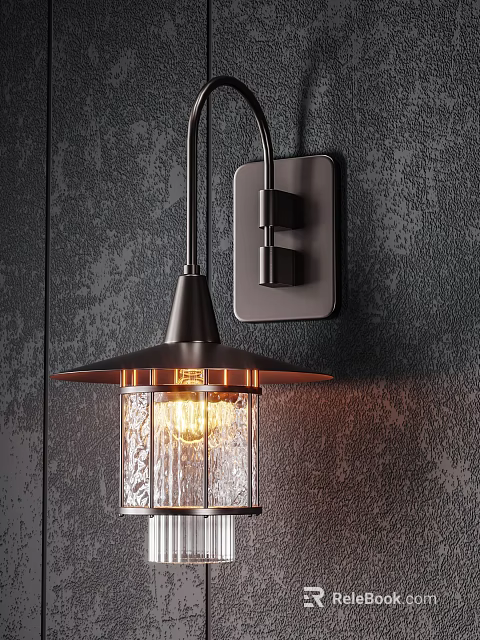 Dark Metal Wall Sconce with Clear Glass Shade Illuminated on Dark Textured Wall 3d model 