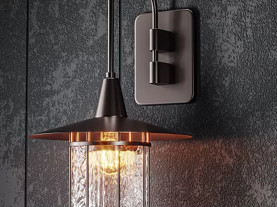 Dark Metal Wall Sconce with Clear Glass Shade Illuminated on Dark Textured Wall 3d model