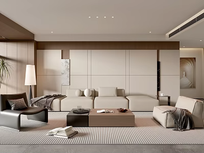 Modern Living Room Interior With Beige Sofa Wooden Wall Decor Coffee Table And Area Rug 3d model