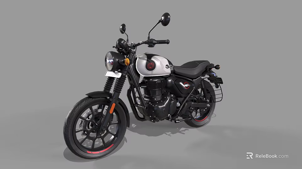 Vintage Style White And Black Motorcycle With Round Headlight And Red Rim Accents 3d model 