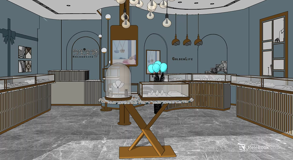 Elegant Jewelry Store Interior With Luxury Display Cases Marble Countertops And Pendant Lights 3d model 