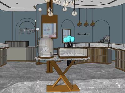 Elegant Jewelry Store Interior With Luxury Display Cases Marble Countertops And Pendant Lights 3d model