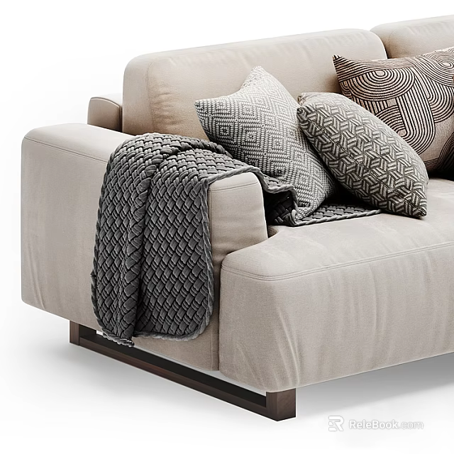 Beige Multi Seater Sofa With Geometric Patterned Pillows And Gray Knitted Throw 3d model