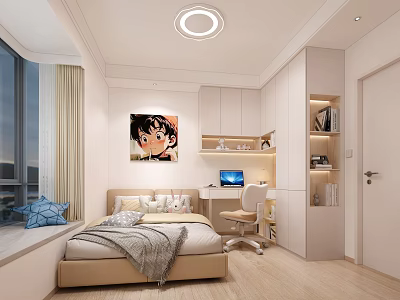 Kids Room Interior Design With Bed Pillows Blanket Cartoon Girl Painting Desk Computer And Bookshelf 3d model
