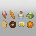 Colorful Assorted Food Items Including Ice Cream Cone Bread Cupcake Donut And Fried Egg