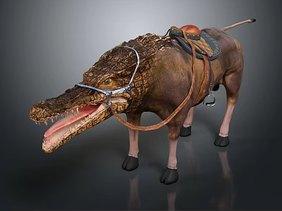 Detailed Fantasy Crocodile Head Horse Body Creature With Saddle And Reins 3d model