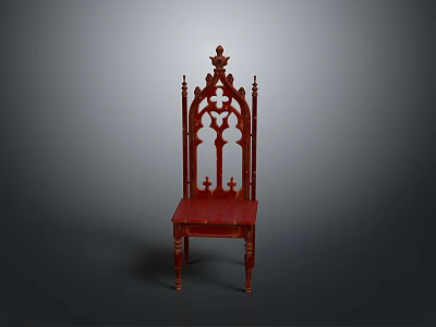 Red Gothic Style Wooden Chair With Intricate Carved Backrest Design 3d model