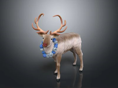 Decorative Reindeer Figurine With Large Antlers Blue And White Wreath Around Neck On Gray Background 3d model