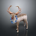 Decorative Reindeer Figurine With Large Antlers Blue And White Wreath Around Neck On Gray Background