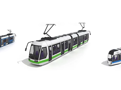 Other Tram Vehicles Alongside Main White Green Multiple Carriage Model 3d model