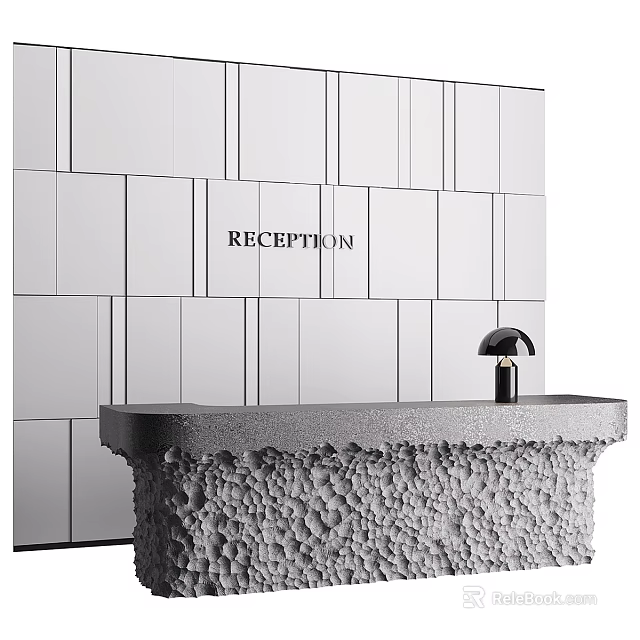 Contemporary Exhibition Reception Desk With Paneled Wall Reception Sign Black Lamp And Textured Surface 3d model 