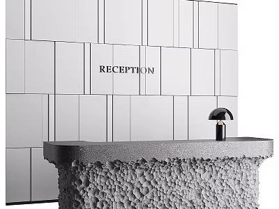 Contemporary Exhibition Reception Desk With Paneled Wall Reception Sign Black Lamp And Textured Surface 3d model