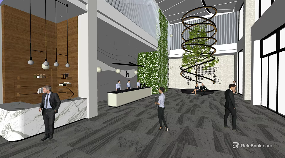 Modern Front Desk Reception Area Featuring Marble Desk Living Plant Wall And Spiral Decor 3d model 