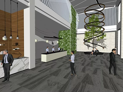 Modern Front Desk Reception Area Featuring Marble Desk Living Plant Wall And Spiral Decor 3d model