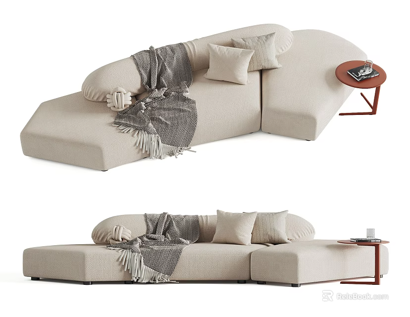 Beige Sectional Sofa with Pillows Blanket and Side Table in Modern Living Room 3d model 